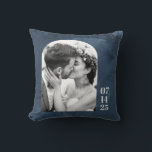 Custom Arch Shape Wedding Photo Date Navy Blue Cushion<br><div class="desc">Custom Arch Shape Wedding Photo Date Navy Blue Throw Pillow</div>