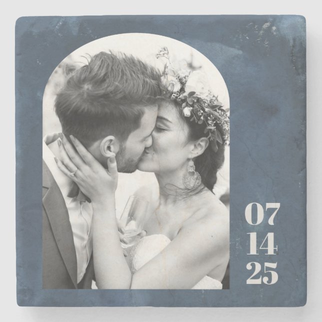 Custom Arch Shape Wedding Photo Date Navy Blue  Stone Coaster (Front)