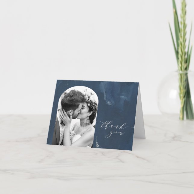Custom Arch Shape Wedding Photo Navy Blue  Thank You Card (Front)