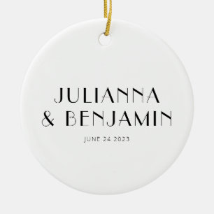 Custom Art Deco Black White Newlywed Name Keepsake Ceramic Ornament