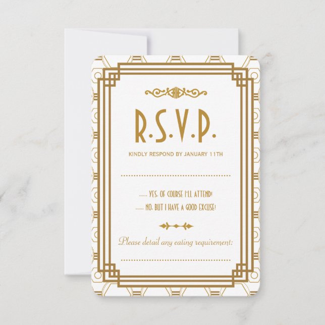 Custom Art Deco White Wedding RSVP Cards (Front)