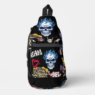 Custom artistic spooky skull streetart background sling bag