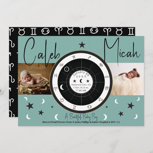 Custom Astrology Sun Moon Sign Birth Announcement (Front/Back)