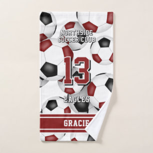 Custom athlete and team name soccer maroon  hand towel