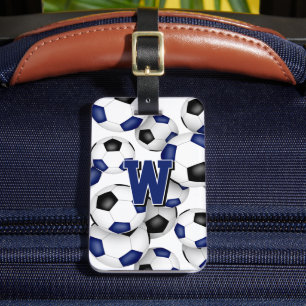 custom athlete monogram blue black soccer balls luggage tag
