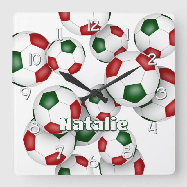 custom athlete name red green soccer square wall clock (Front)