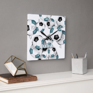 custom athlete name teal black soccer square wall clock