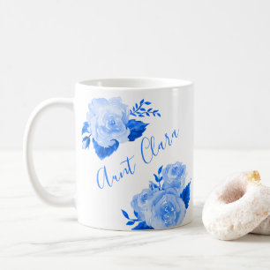 Custom Aunt Watercolor Floral Blue Rose Coffee Mug