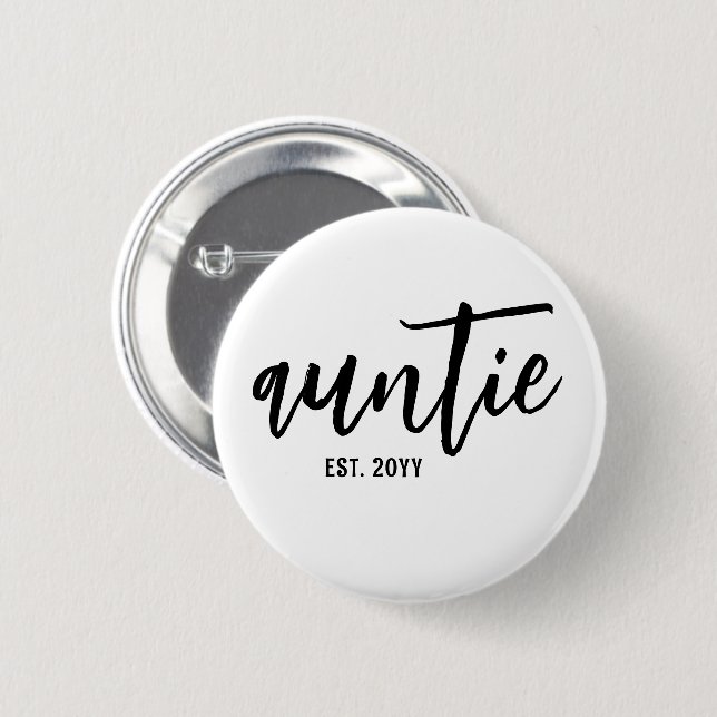Custom Auntie Est. Modern Brush Script Typography 6 Cm Round Badge (Front & Back)