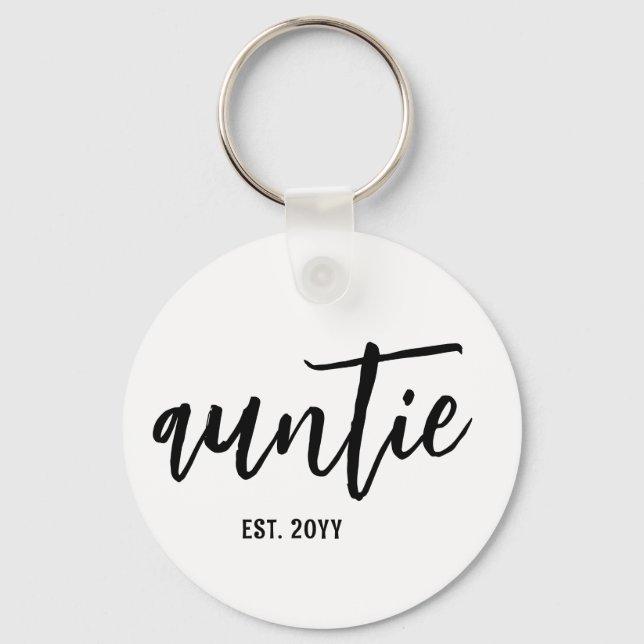 Custom Auntie Est. Modern Brush Script Typography Key Ring (Front)
