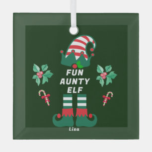 Custom Aunty Elf Family Matching Christmas Name Glass Tree Decoration