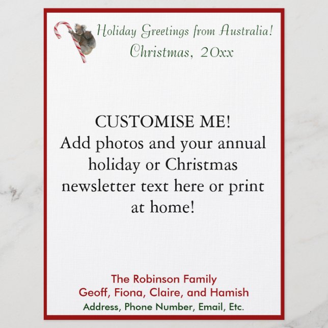 Custom Australia Christmas Newsletter Template Letterhead Template (Front)