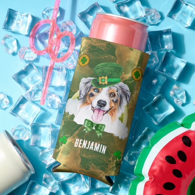 Custom Australian Shepherd Gold St. Patricks Day Seltzer Can Cooler (In Situ Summer)
