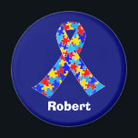 Custom Autism Awareness Ribbon Blue Personalised Magnet<br><div class="desc">Custom Autism awareness ribbon magnet for autistic friends or family. A cool proud autism mum or dad gift that can be personalised with any text below the puzzle piece ribbon of blue,  yellow,  and red. A neat Asperger Syndrome pride present.</div>