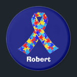 Custom Autism Awareness Ribbon Blue Personalised Magnet<br><div class="desc">Custom Autism awareness ribbon magnet for autistic friends or family. A cool proud autism mum or dad gift that can be personalised with any text below the puzzle piece ribbon of blue,  yellow,  and red. A neat Asperger Syndrome pride present.</div>