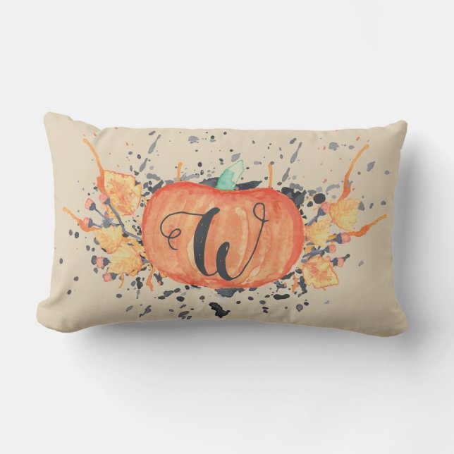 Custom Autumn Monogram Watercolor Pumpkin Lumbar Cushion (Front)