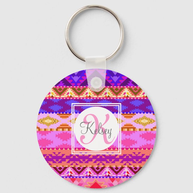 Custom Aztec Girly Monogram Key Ring (Front)