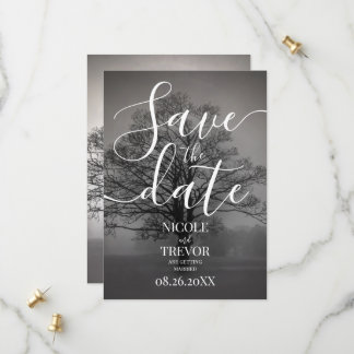 Custom B&W Tree Silhouette & Mist Wedding Save The Date