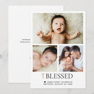 Custom Baby Baptism Photo Gold Cross Blessed Thank You Card