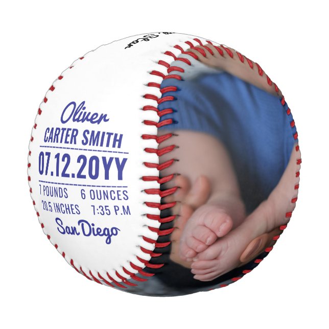 Custom Baby Birth Announcement Newborn Stats Photo Baseball (Angled)