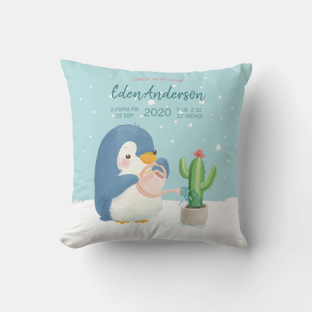 [Custom]Baby BirthStat Cute Penguin Cactus Nursery Cushion (Front)