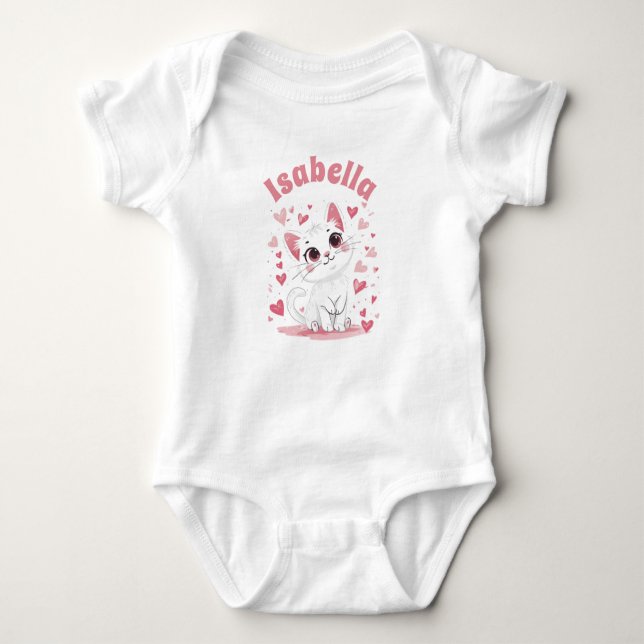 Custom Baby Bodysuit Cute Cat Cartoon Pink Hearts (Front)