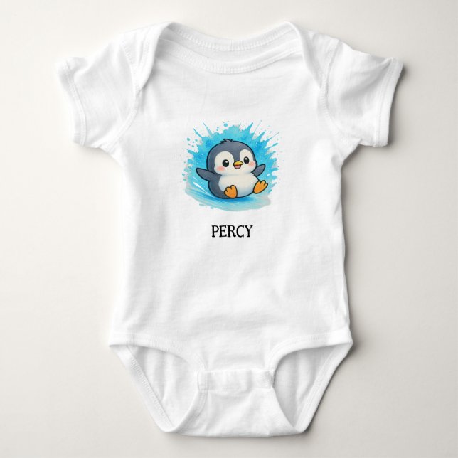 Custom Baby Bodysuit – Percy Penguin Name Outfit (Front)