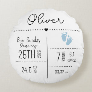 Custom Baby Boy Birth Stats Photo Keepsake Round Cushion