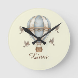 Custom Baby Boy Name Watercolor Vintage Hot Air Ba Round Clock