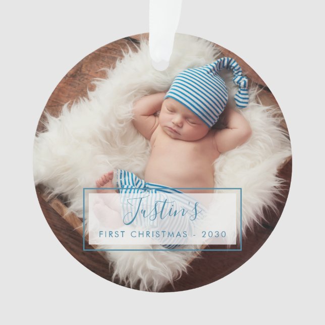 Custom Baby Boy Photo First Christmas Ornament (Front)