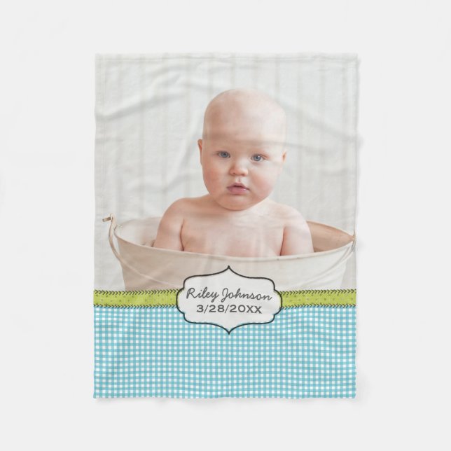 Custom baby boy photo name and birthday keepsake fleece blanket (Front)
