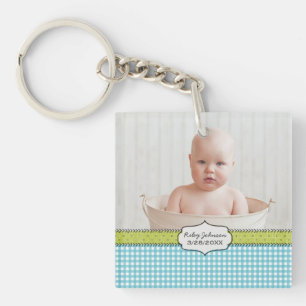 Custom baby boy photo name and birthday keepsake key ring