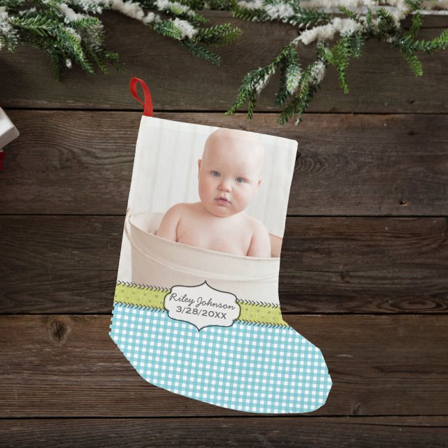 Custom baby boy photo name and birthday keepsake small christmas stocking (Creator Uploaded)