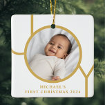 Custom Baby Boy's First Christmas Photo Ceramic Ornament<br><div class="desc">This stylish Baby Boy's First Christmas Photo Ornament is decorated with the word JOY in gold on a white background.
Easily customisable with your photo,  name,  and year.</div>