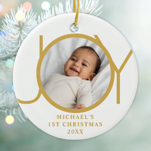 Custom Baby Boy's First Christmas Photo Joy Gold Ceramic Ornament
