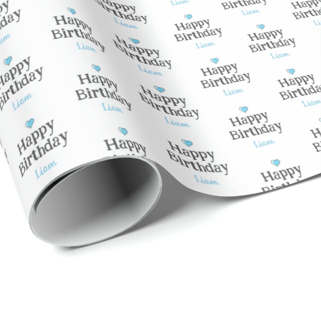 Custom Baby Boy's Happy Birthday Blue Name Wrapping Paper (Roll Corner)