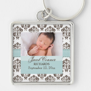 Custom Baby Damask Photo Keychain Blue and Brown