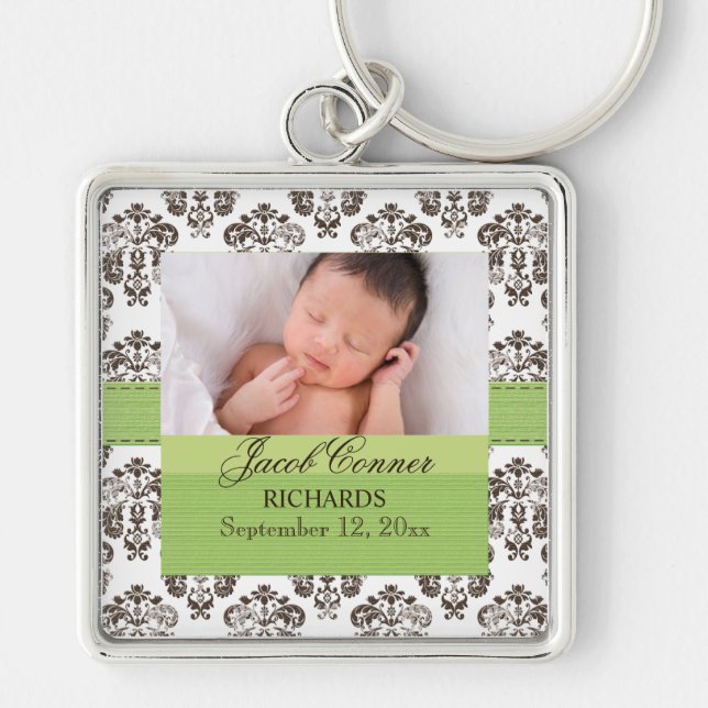 Custom Baby Damask Photo Keychain Green Brown (Front)