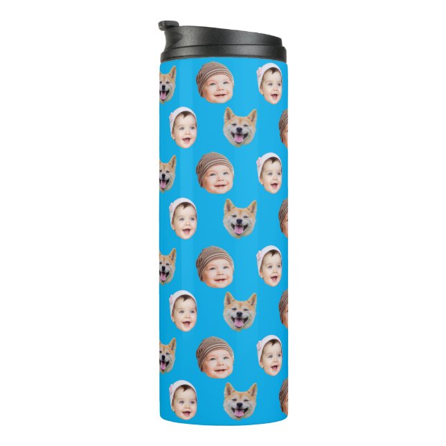 Custom Baby Face, Custom Family 3 Photos Blue Thermal Tumbler (Rotated Right)
