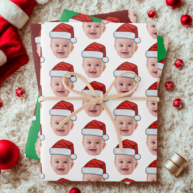 Custom Baby Face Photo Santa Claus Hat Christmas Wrapping Paper Sheet (Creator Uploaded)