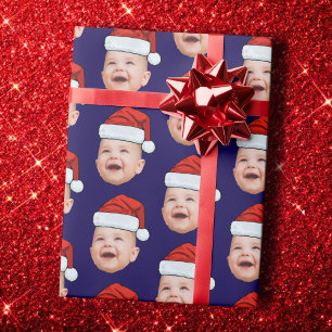 Custom Baby Face Photo Santa Hat Christmas Blue Wrapping Paper