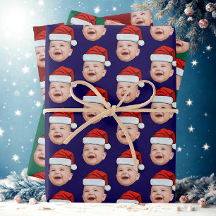 Custom Baby Face Photo Santa Hat Christmas Blue Wrapping Paper Sheet