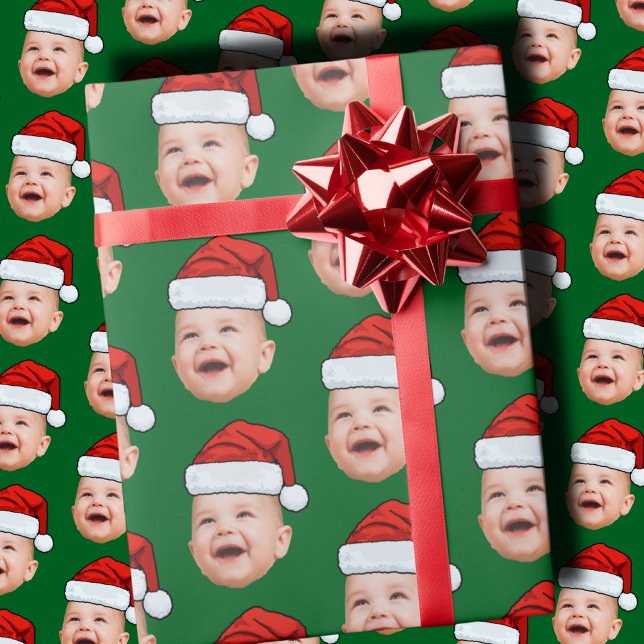 Custom Baby Face Photo Santa Hat Christmas Green Wrapping Paper (Creator Uploaded)