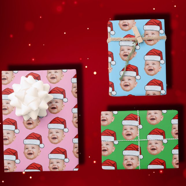 Custom Baby Face Photo Santa Hat Christmas Pink Wrapping Paper Sheet (Creator Uploaded)