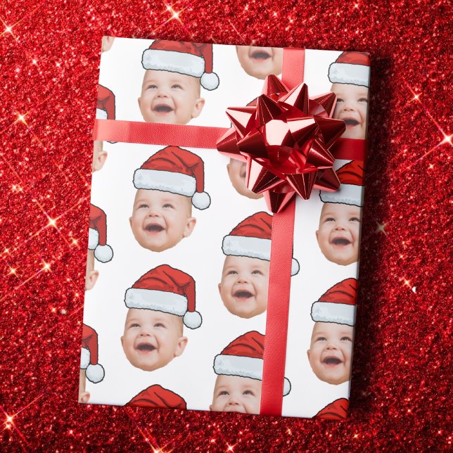 Custom Baby Face Photo Santa Hat Christmas White Wrapping Paper (Creator Uploaded)