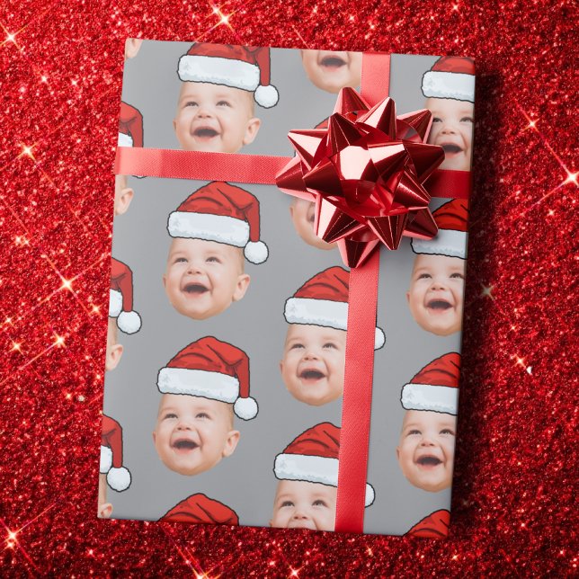 Custom Baby Face Photo Santa Hat Christmas Wrapping Paper (Creator Uploaded)