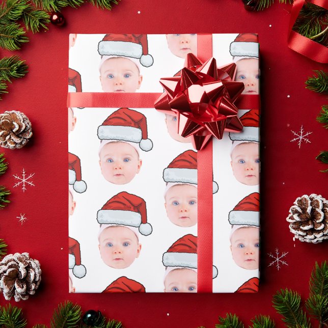 Custom Baby Face Photo Santa Hat Christmas Wrapping Paper (Creator Uploaded)