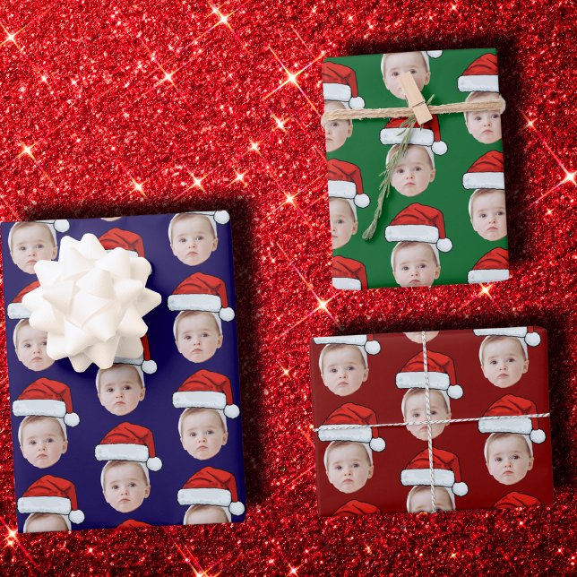 Custom Baby Face Photo Santa Hat Christmas Wrapping Paper Sheet (Creator Uploaded)