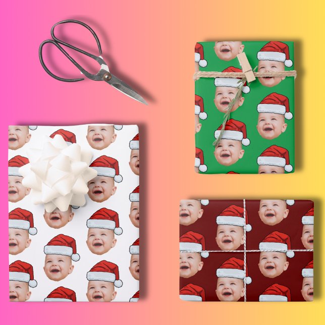 Custom Baby Face Photo Santa Hat Christmas Wrapping Paper Sheet (Creator Uploaded)