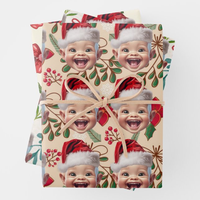 Custom Baby Face Santa Hat Christmas Photo Wrapping Paper Sheet (In situ)